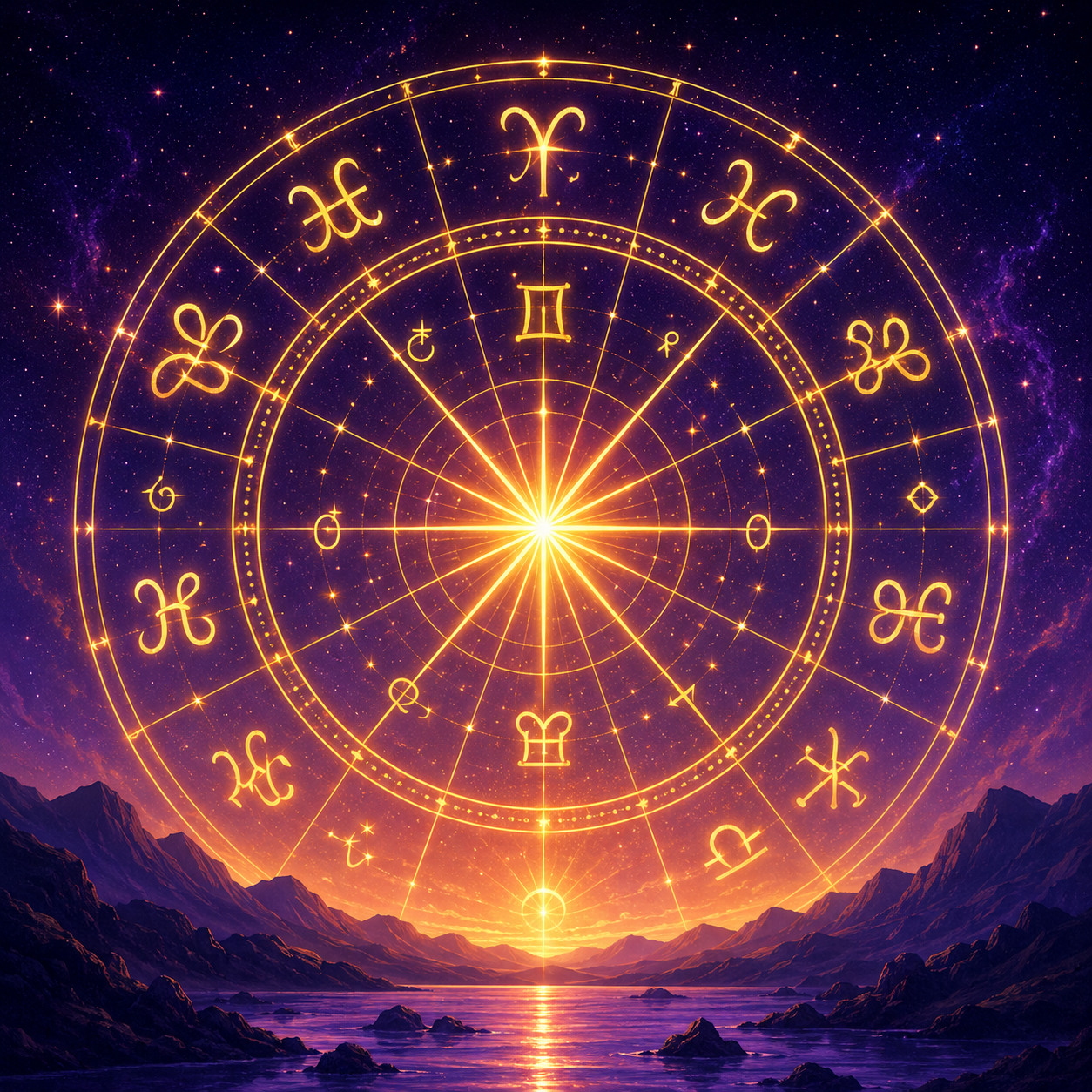 Radiant zodiac wheel over mystic mountains